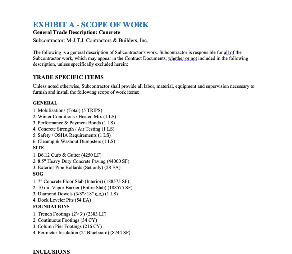 Bridgeline contract export: editable Word document ready to drop into a trade-specific contract