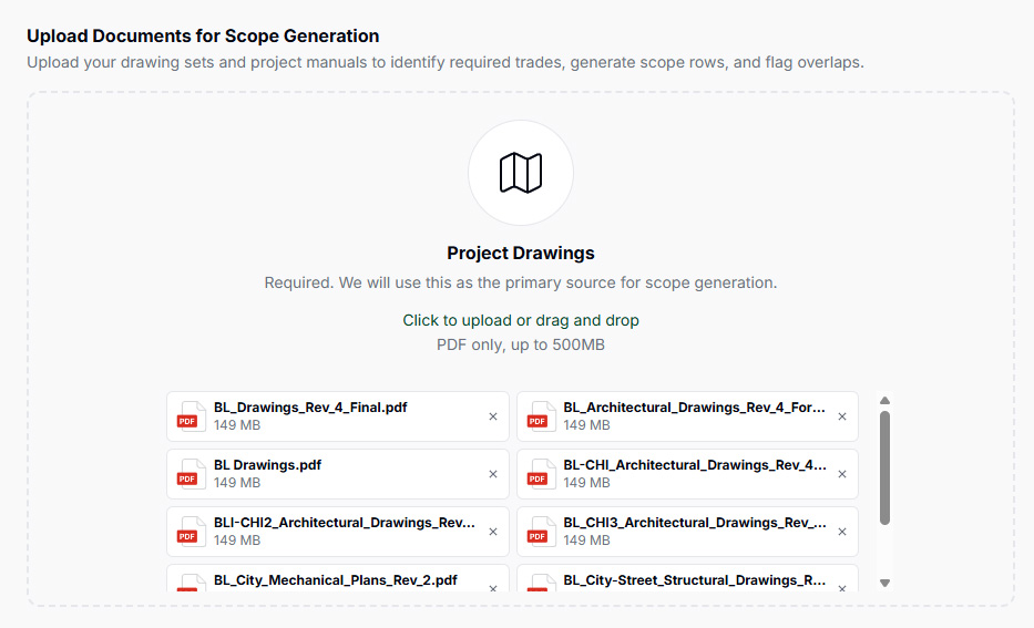 Bridgeline scope generation: uploading project drawing sets as the source for automated scope generation