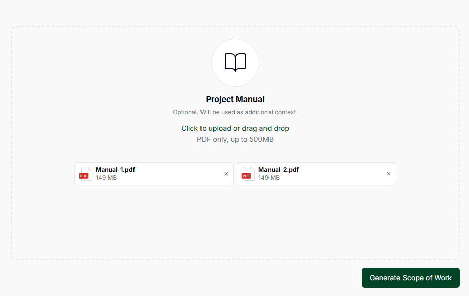 Bridgeline scope generation: uploading the project manual and spec book as additional context