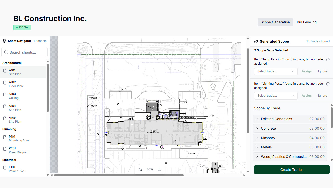 Plan viewer with AI extraction and a trade-by-trade scope of work generated alongside the drawings